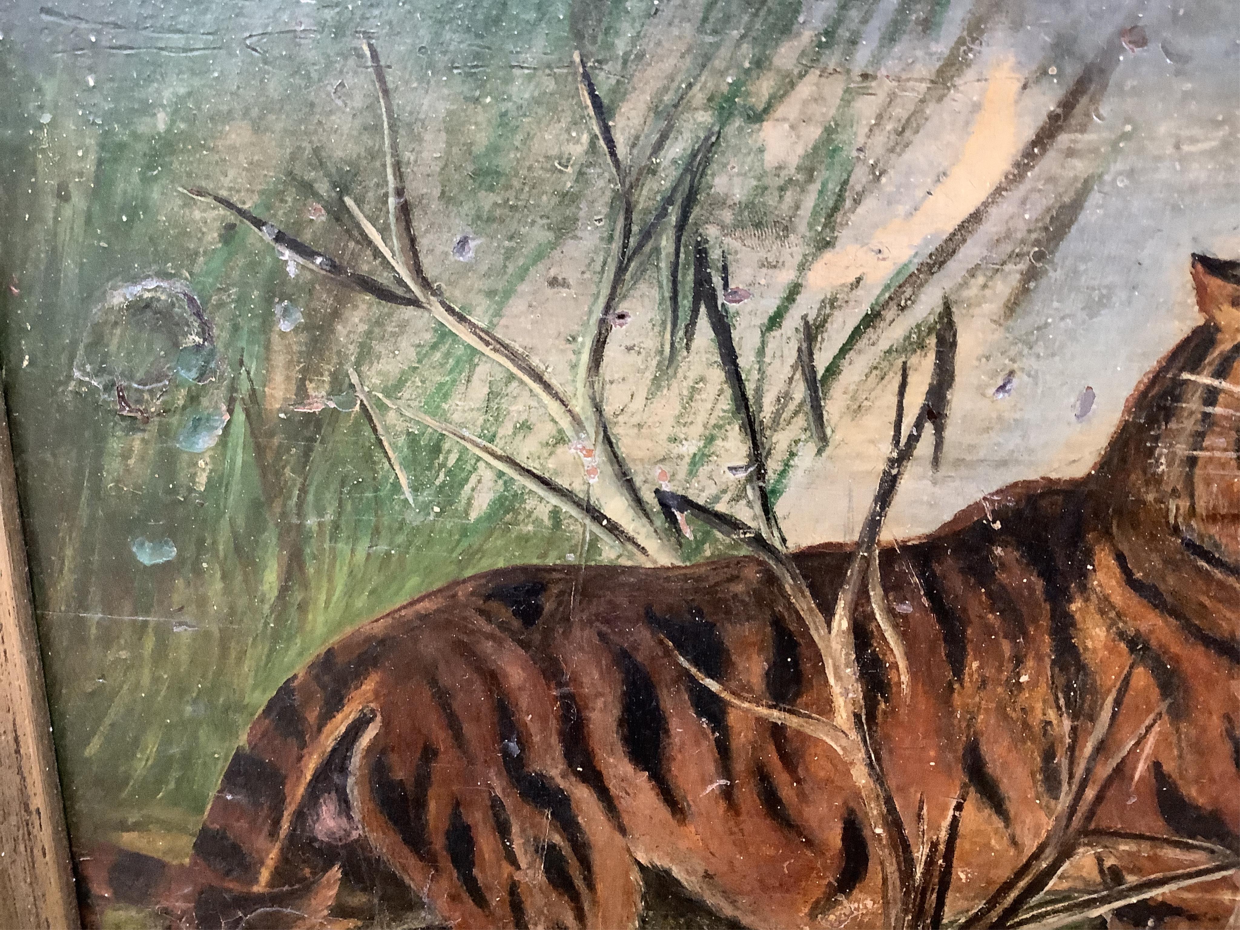 Late 19th / early 20th century, naive oil on panel, Study of a tiger, indistinctly signed lower left, A Ten...., 20 x 26cm. Condition - poor